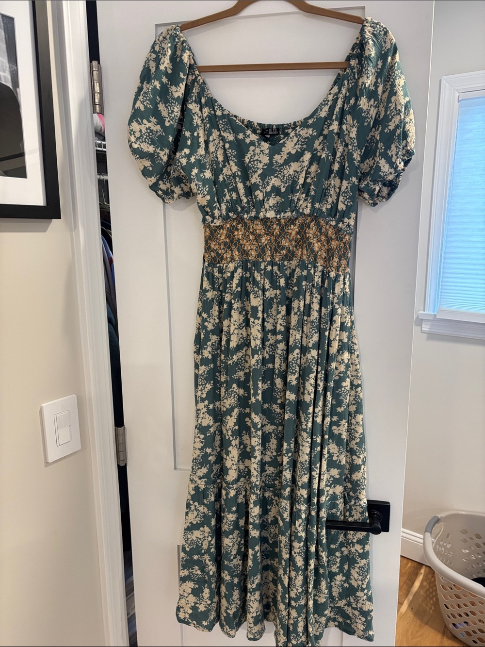 Black Tape_ Teal and Cream Floral Puff-Sleeve Smocked Maxi Dress